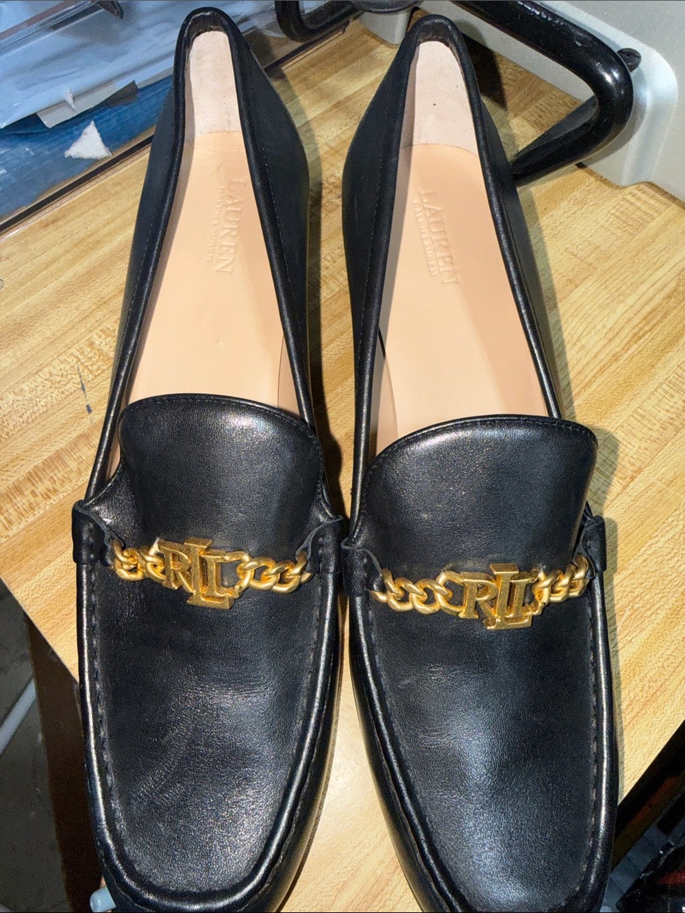 Ralph Lauren Black Leather Loafers with Gold Chain Emblem